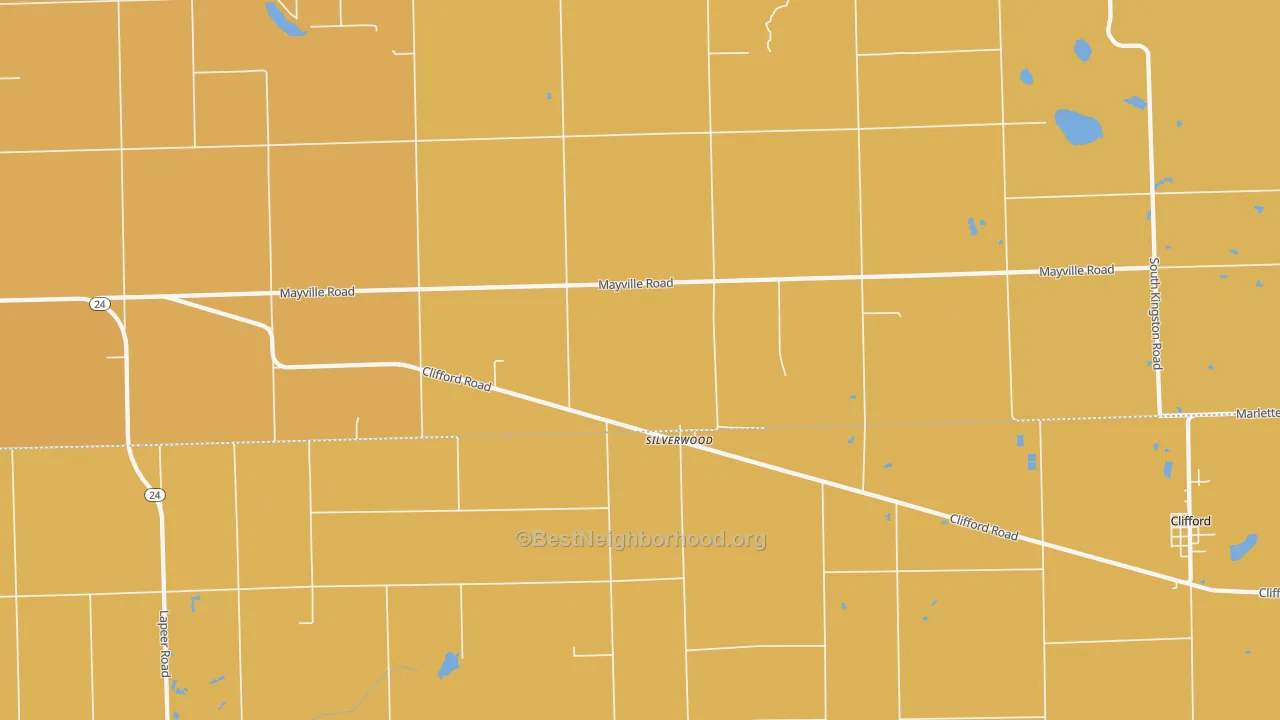 Map of the best neighborhoods in the 48760 area, with better matches in green and worse matches in red
