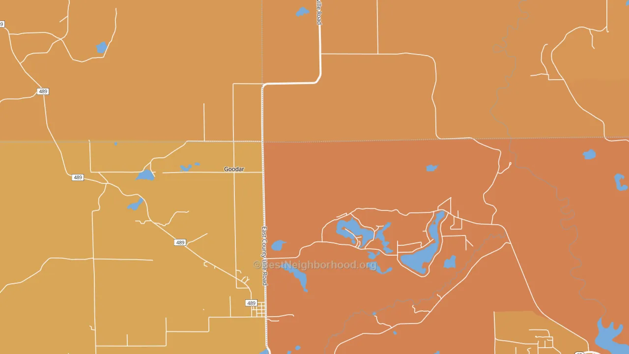 Map of the best neighborhoods in the 48761 area, with better matches in green and worse matches in red