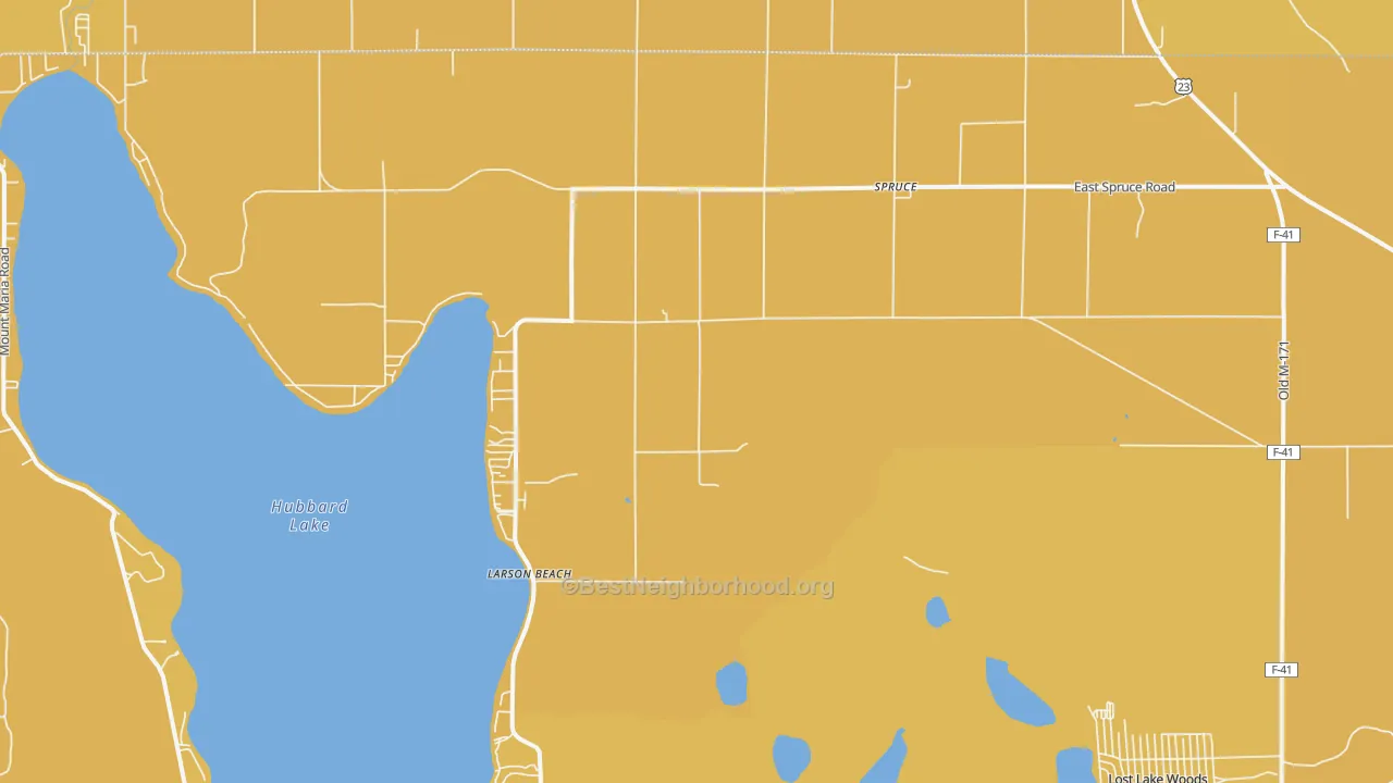 Map of the best neighborhoods in the 48762 area, with better matches in green and worse matches in red