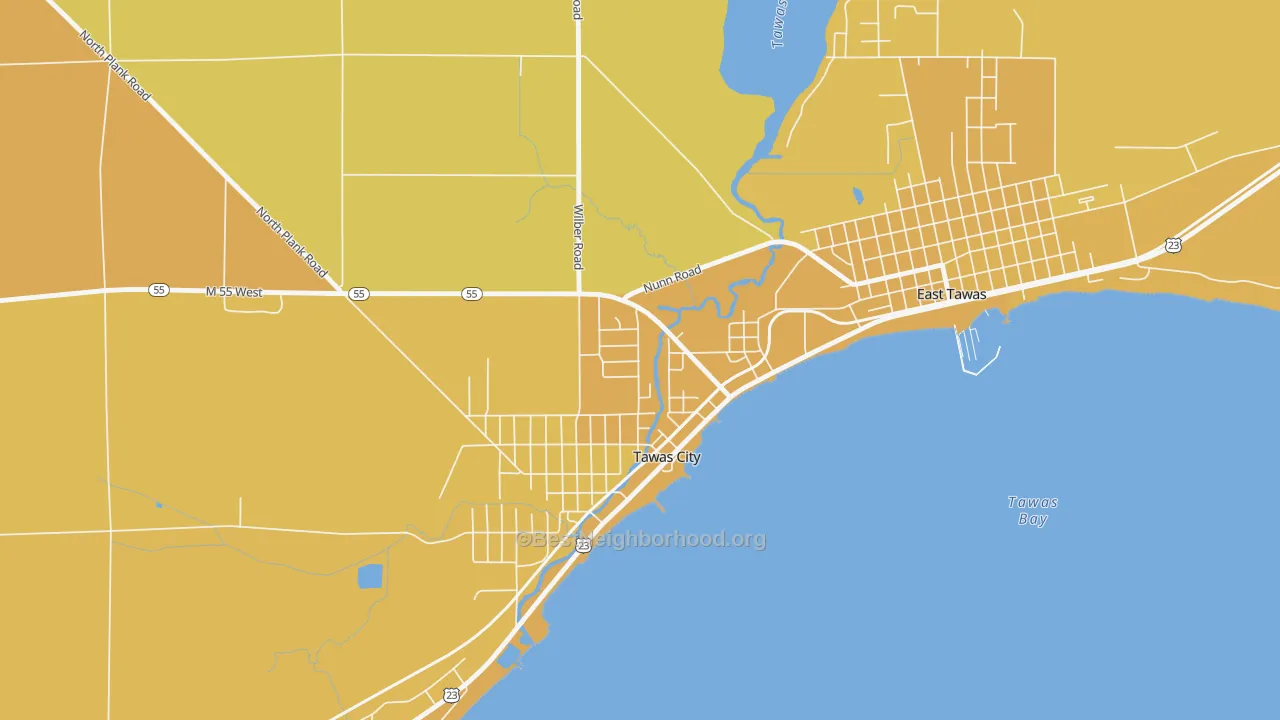 Map of the best neighborhoods in the 48764 area, with better matches in green and worse matches in red