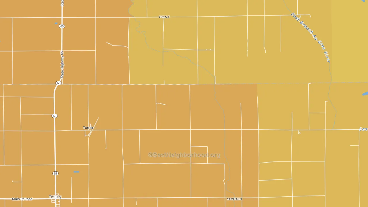 Map of the best neighborhoods in the 48765 area, with better matches in green and worse matches in red