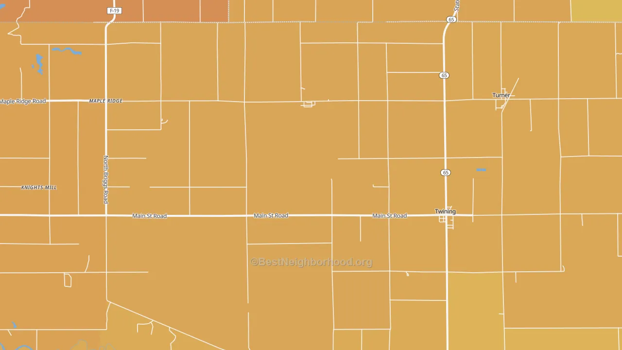 Map of the best neighborhoods in the 48766 area, with better matches in green and worse matches in red