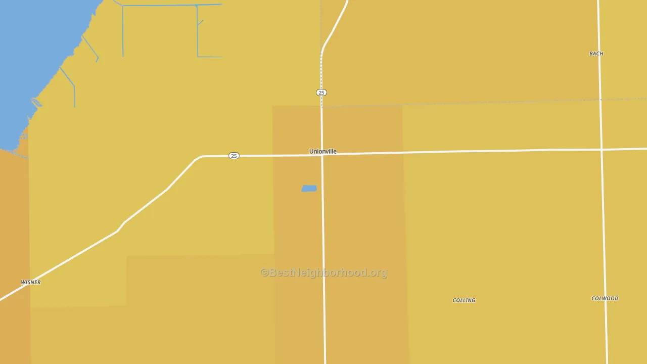 Map of the best neighborhoods in the 48767 area, with better matches in green and worse matches in red