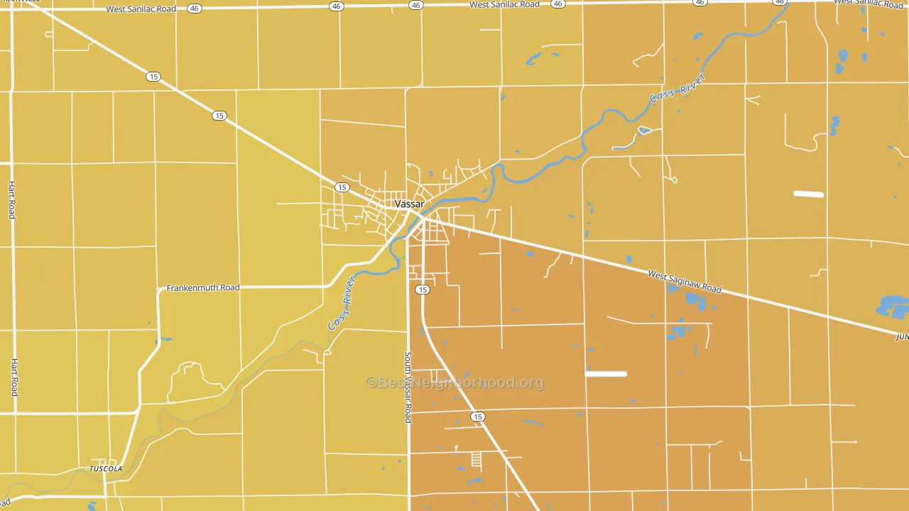 Map of the best neighborhoods in the 48768 area, with better matches in green and worse matches in red