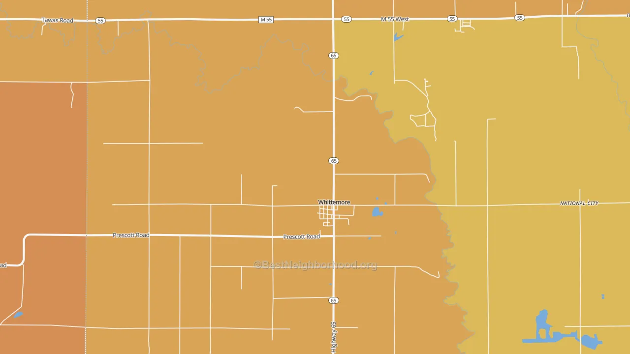 Map of the best neighborhoods in the 48770 area, with better matches in green and worse matches in red