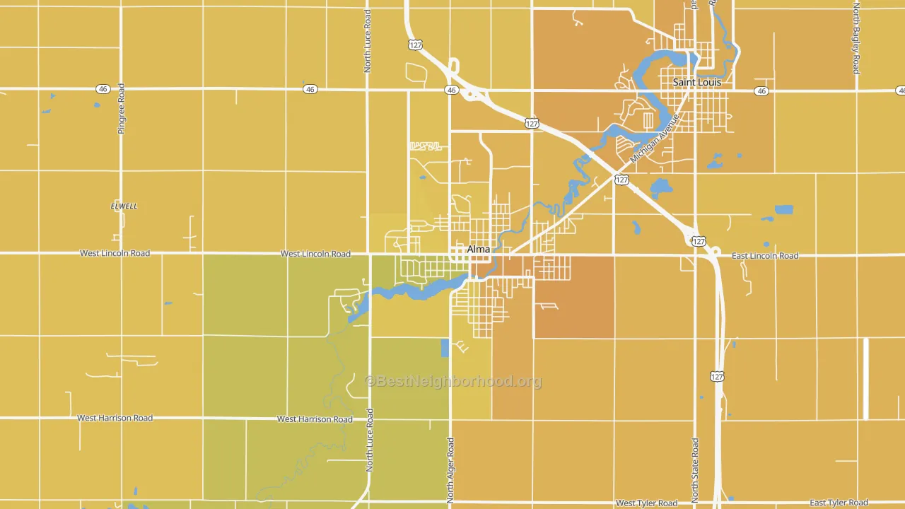 Map of the best neighborhoods in the 48801 area, with better matches in green and worse matches in red