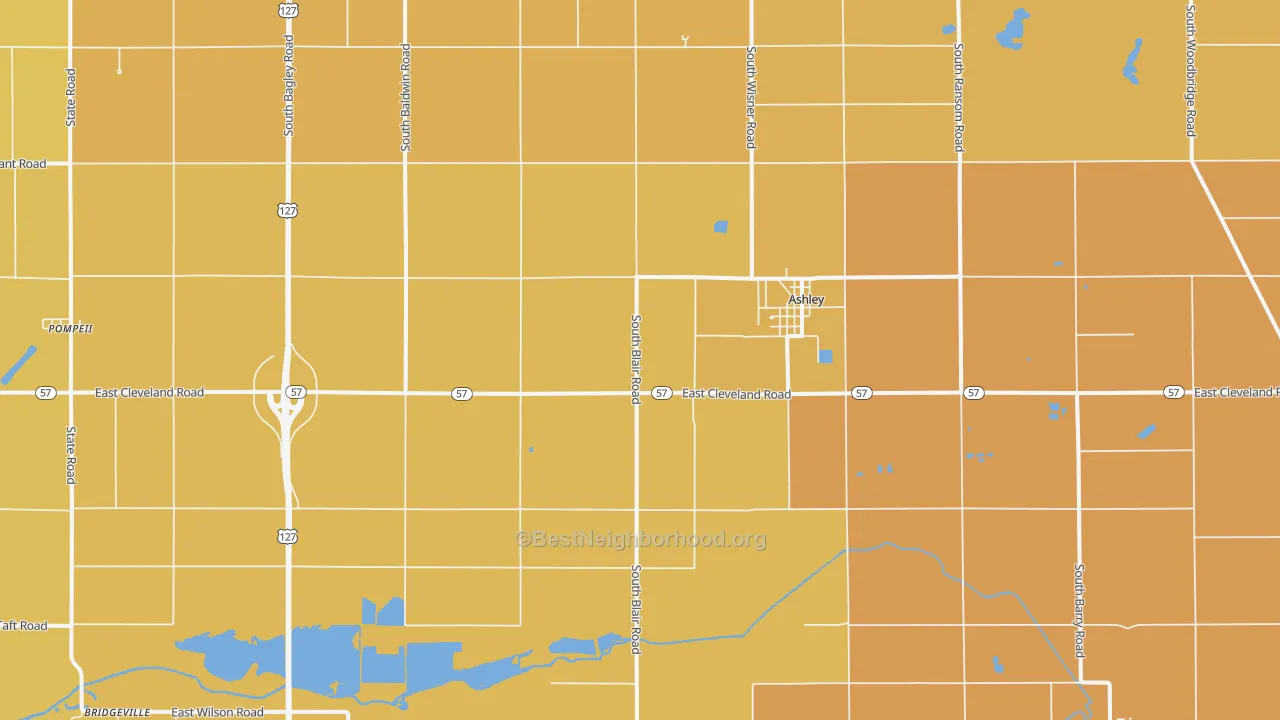 Map of the best neighborhoods in the 48806 area, with better matches in green and worse matches in red