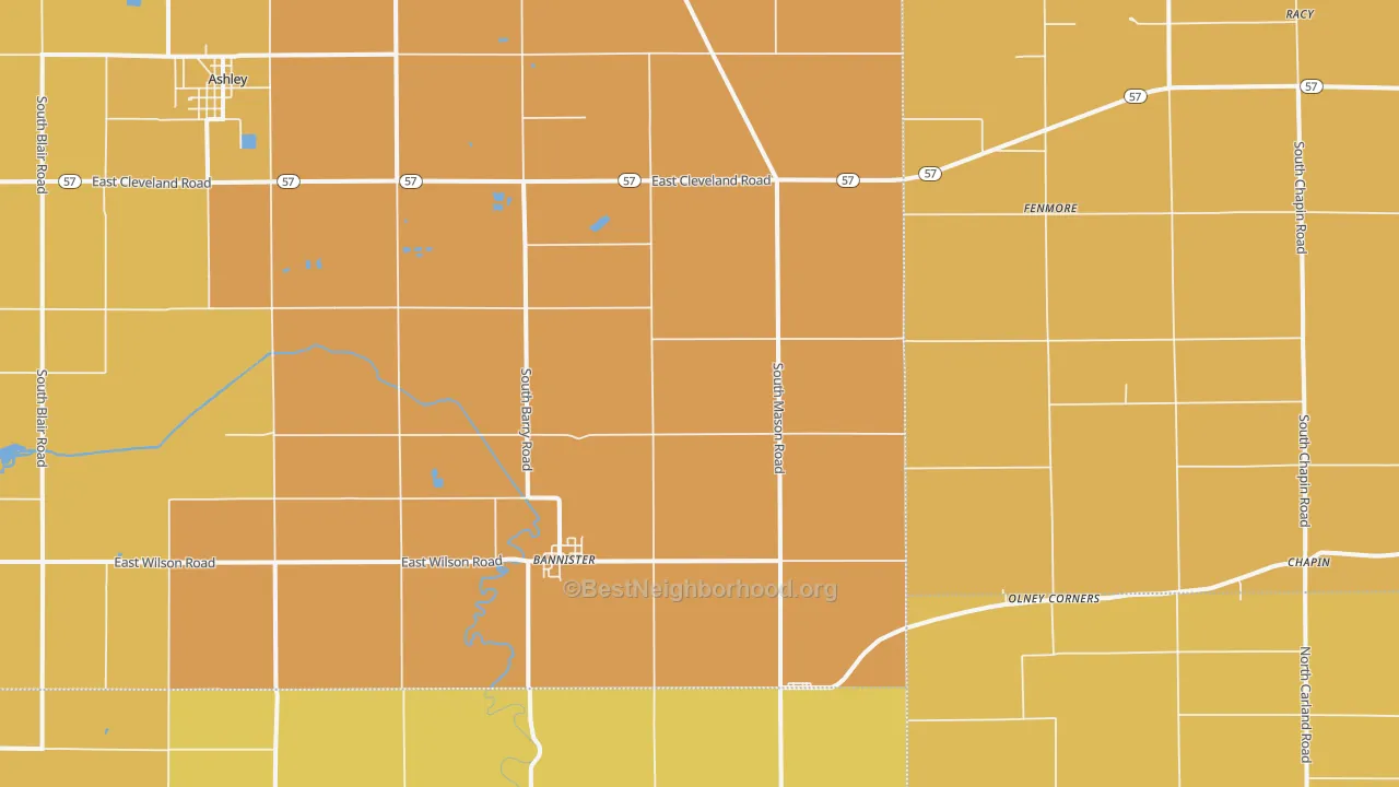 Map of the best neighborhoods in the 48807 area, with better matches in green and worse matches in red
