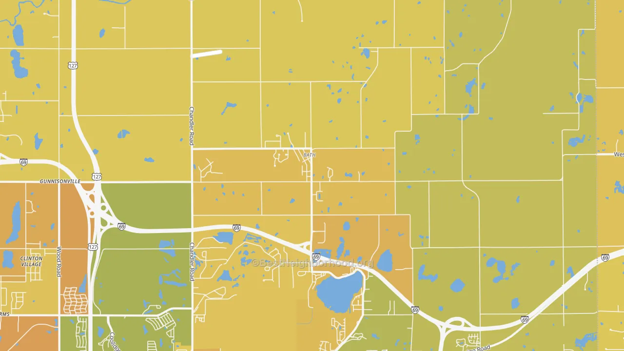 Map of the best neighborhoods in the 48808 area, with better matches in green and worse matches in red
