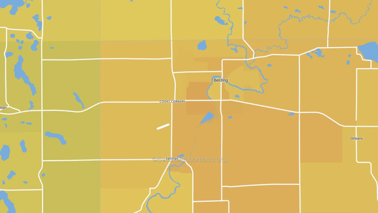 Map of the best neighborhoods in the 48809 area, with better matches in green and worse matches in red