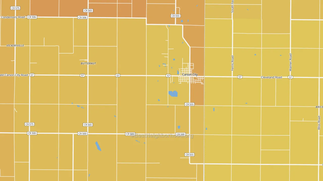 Map of the best neighborhoods in the 48811 area, with better matches in green and worse matches in red