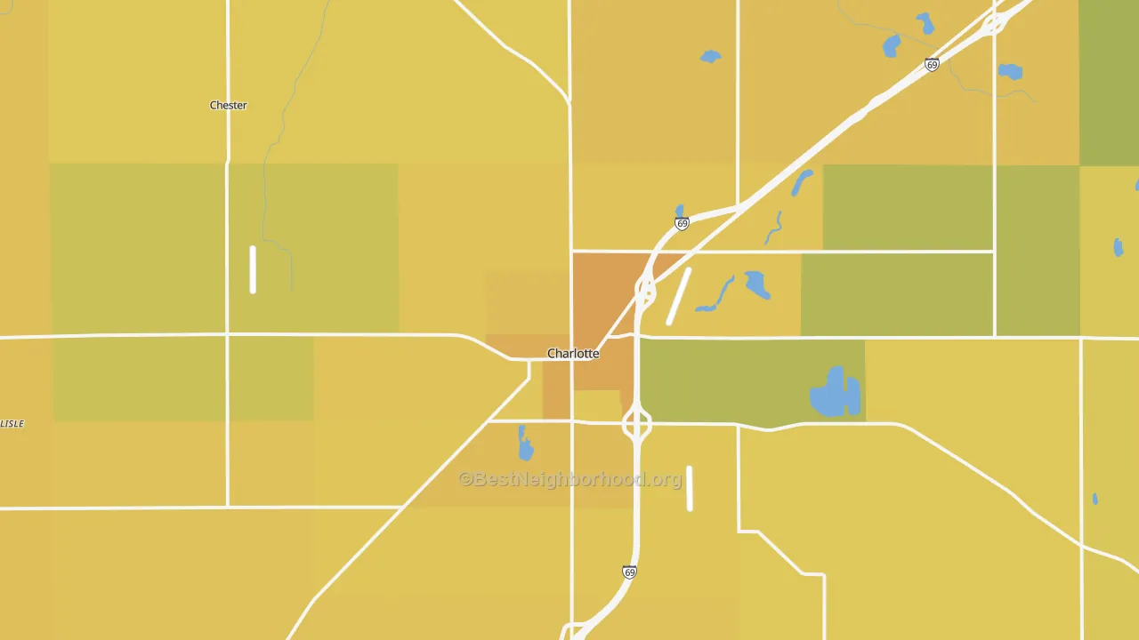 Map of the best neighborhoods in the 48813 area, with better matches in green and worse matches in red