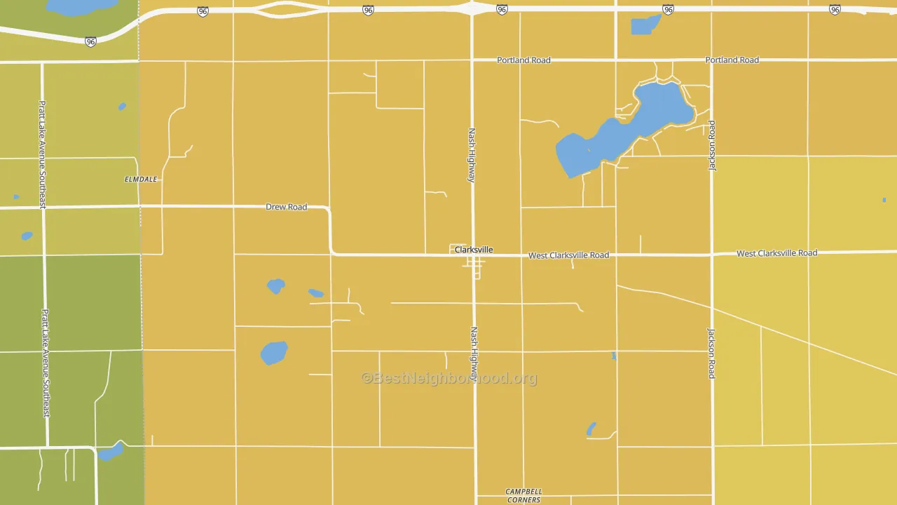 Map of the best neighborhoods in the 48815 area, with better matches in green and worse matches in red