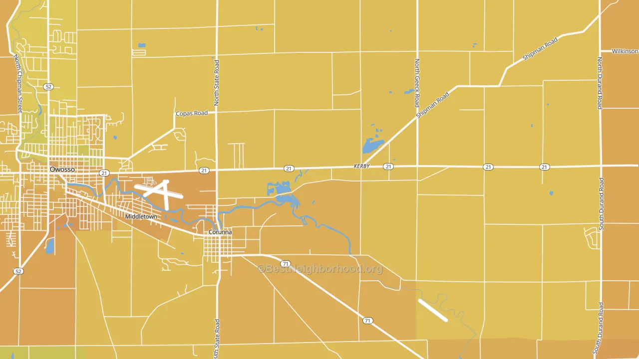 Map of the best neighborhoods in the 48817 area, with better matches in green and worse matches in red