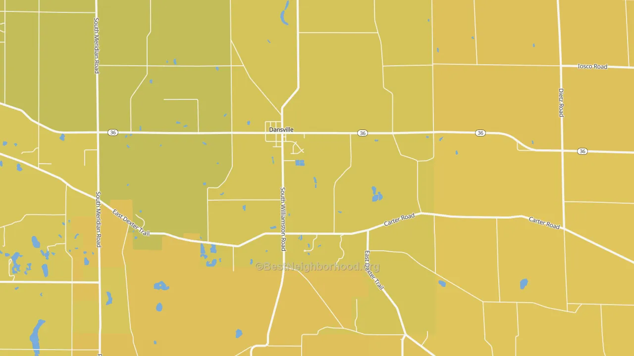 Map of the best neighborhoods in the 48819 area, with better matches in green and worse matches in red