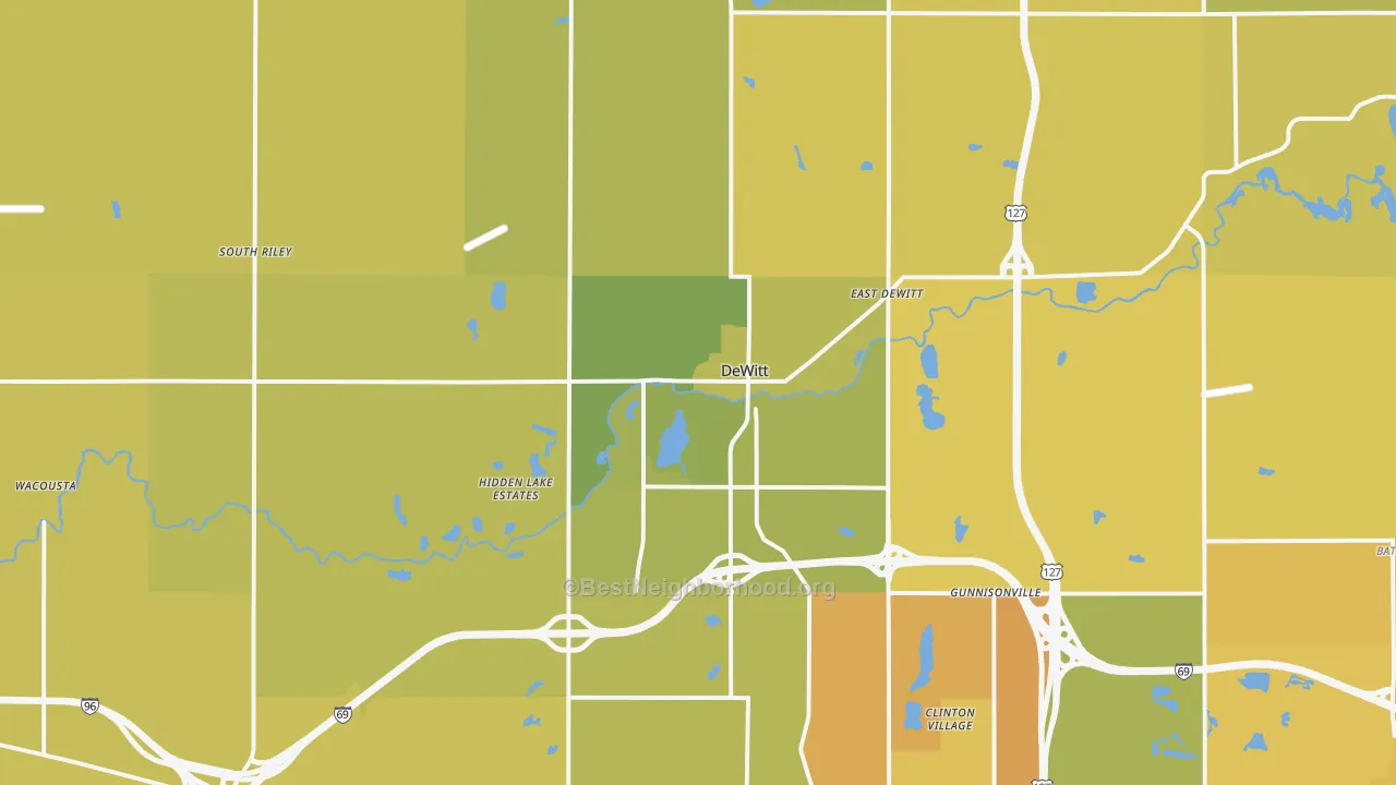 Map of the best neighborhoods in the 48820 area, with better matches in green and worse matches in red