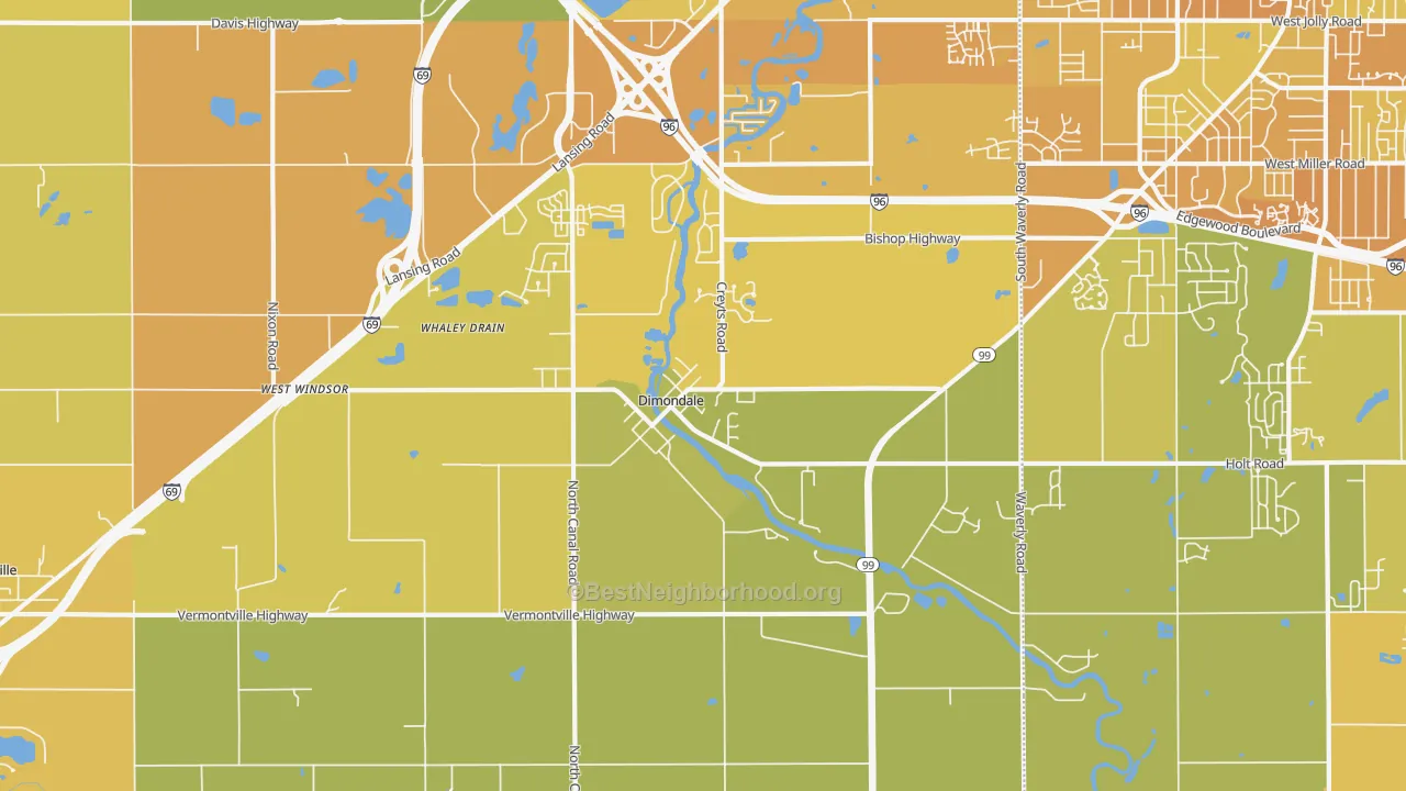 Map of the best neighborhoods in the 48821 area, with better matches in green and worse matches in red