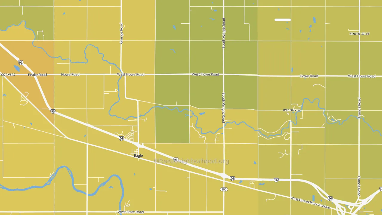 Map of the best neighborhoods in the 48822 area, with better matches in green and worse matches in red