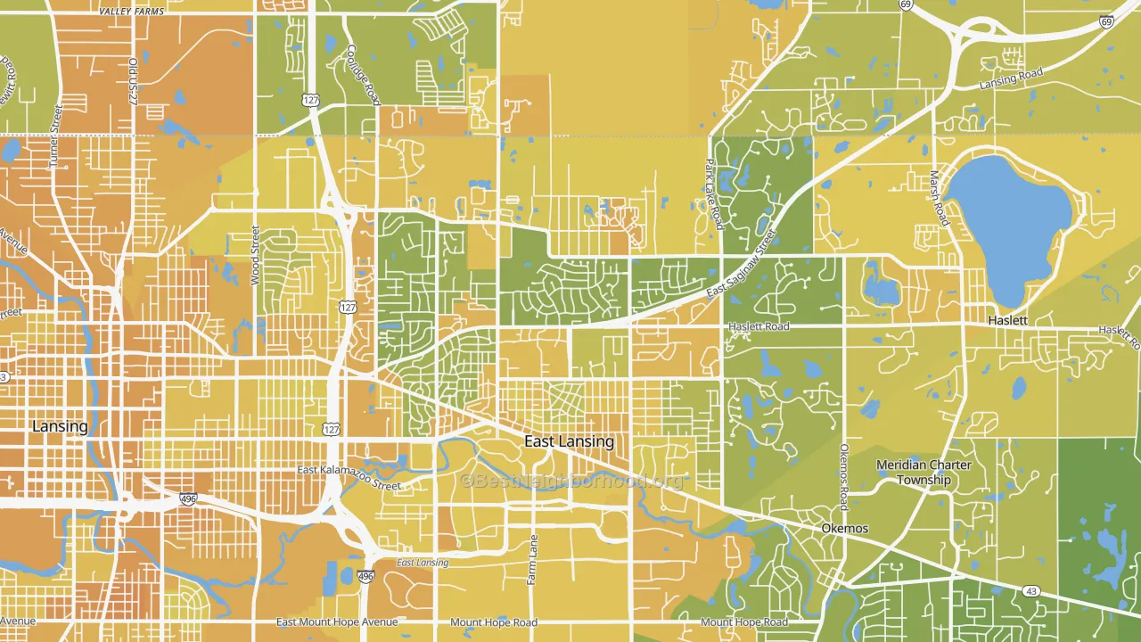 Map of the best neighborhoods in the 48823 area, with better matches in green and worse matches in red