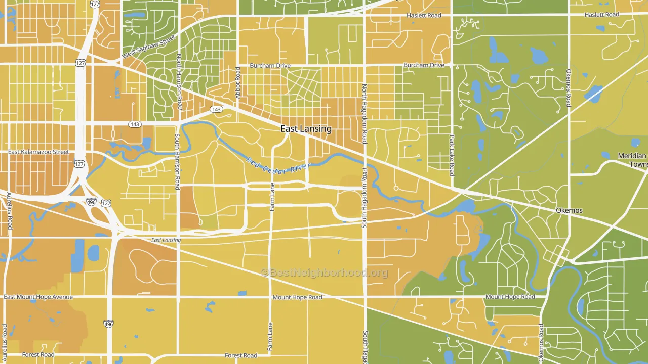 Map of the best neighborhoods in the 48824 area, with better matches in green and worse matches in red