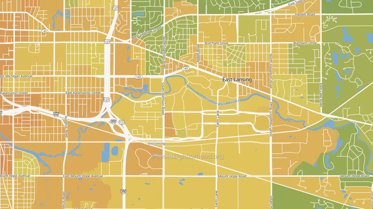 Map of the best neighborhoods in the 48825 area, with better matches in green and worse matches in red
