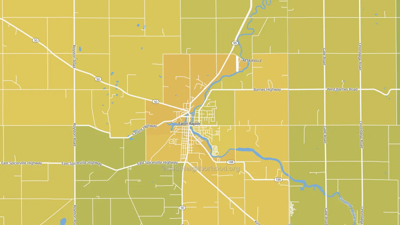 Map of the best neighborhoods in the 48827 area, with better matches in green and worse matches in red