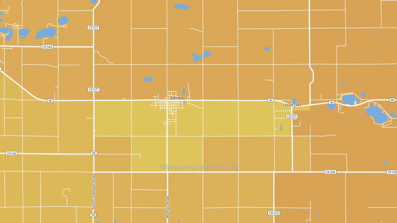 Map of the best neighborhoods in the 48829 area, with better matches in green and worse matches in red