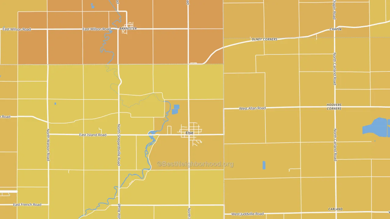 Map of the best neighborhoods in the 48831 area, with better matches in green and worse matches in red