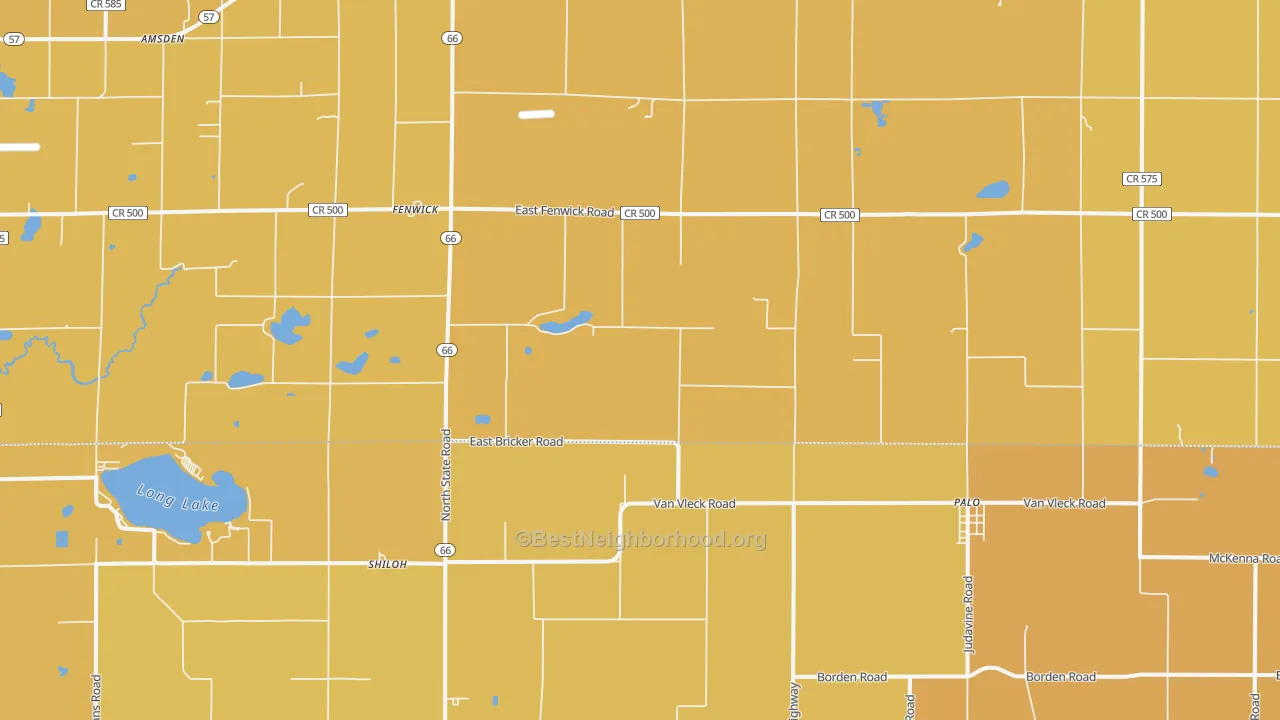 Map of the best neighborhoods in the 48834 area, with better matches in green and worse matches in red