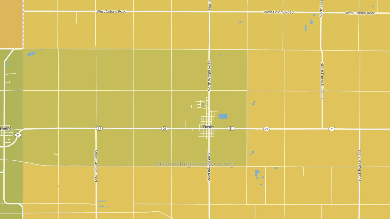 Map of the best neighborhoods in the 48835 area, with better matches in green and worse matches in red