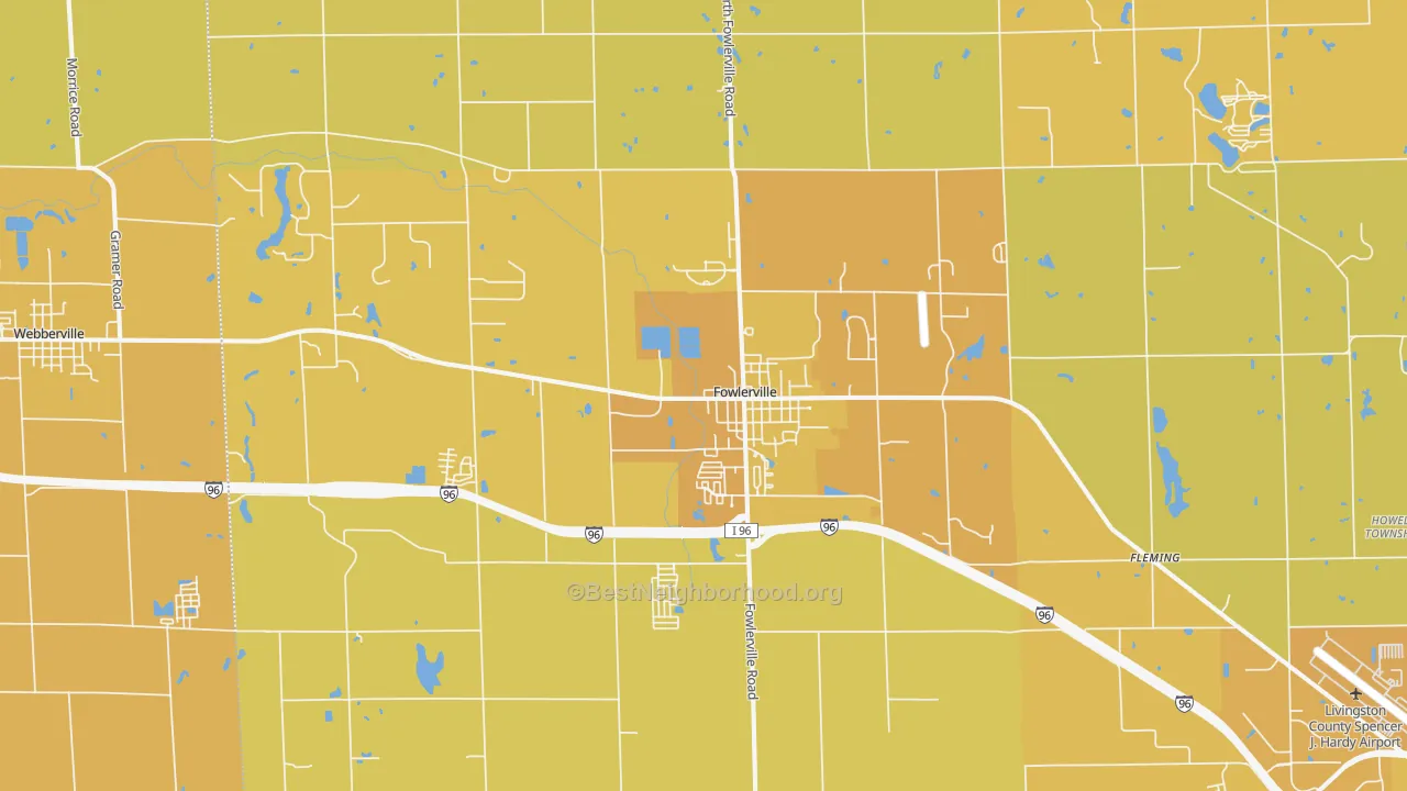 Map of the best neighborhoods in the 48836 area, with better matches in green and worse matches in red