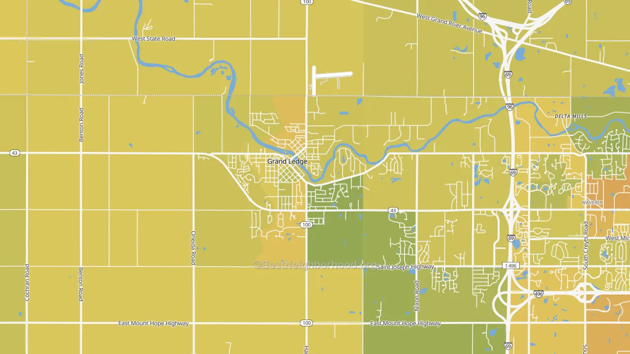 Map of the best neighborhoods in the 48837 area, with better matches in green and worse matches in red