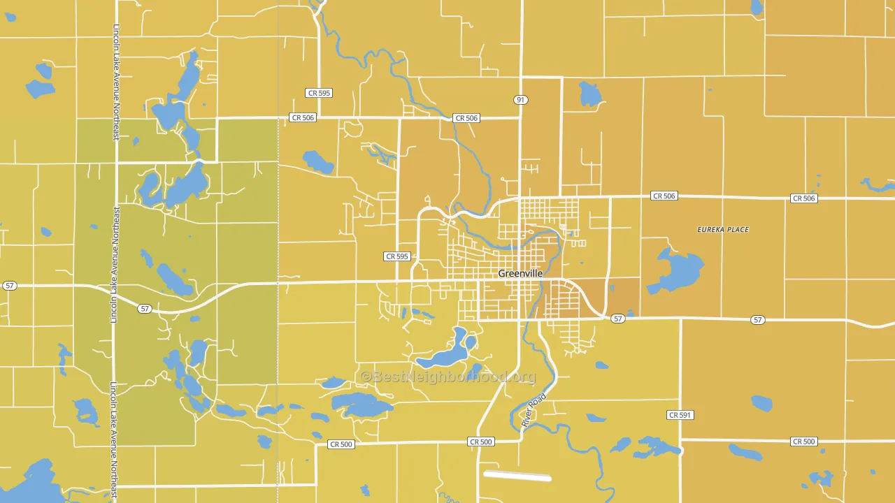Map of the best neighborhoods in the 48838 area, with better matches in green and worse matches in red
