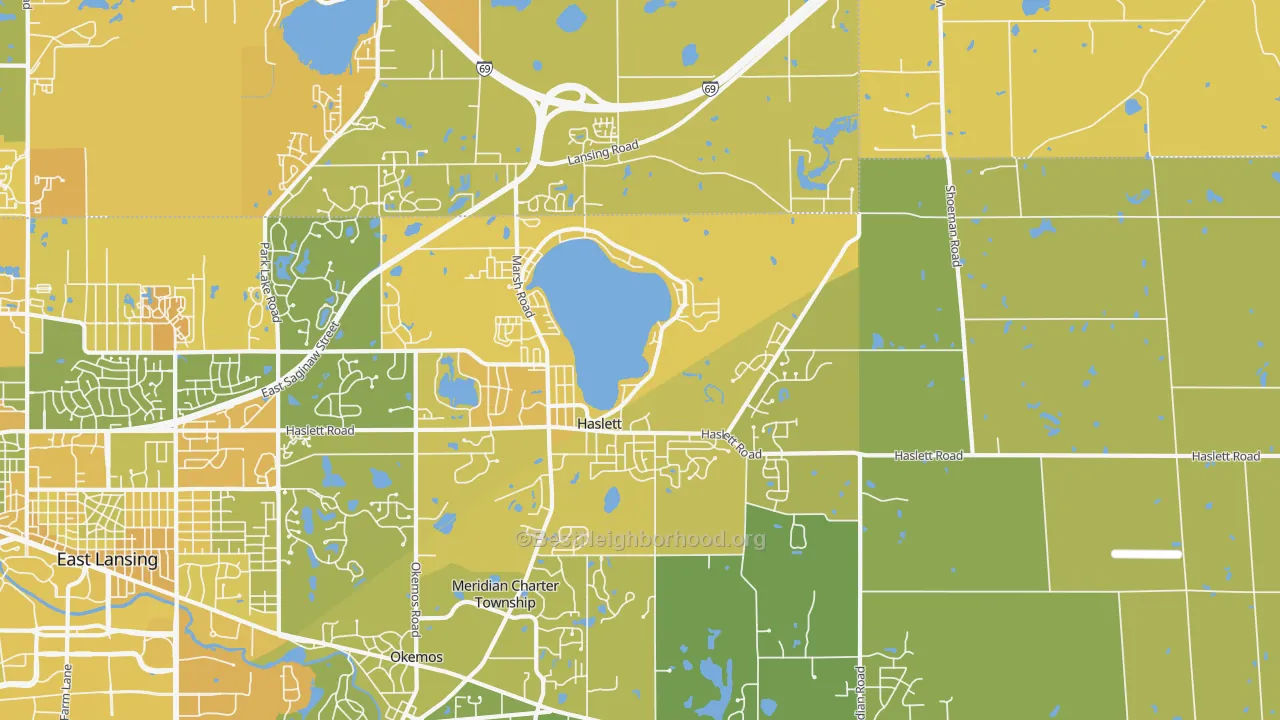 Map of the best neighborhoods in the 48840 area, with better matches in green and worse matches in red