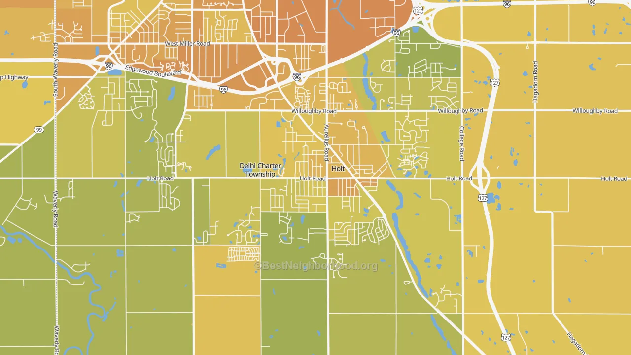 Map of the best neighborhoods in the 48842 area, with better matches in green and worse matches in red