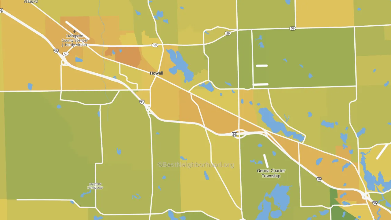 Map of the best neighborhoods in the 48843 area, with better matches in green and worse matches in red