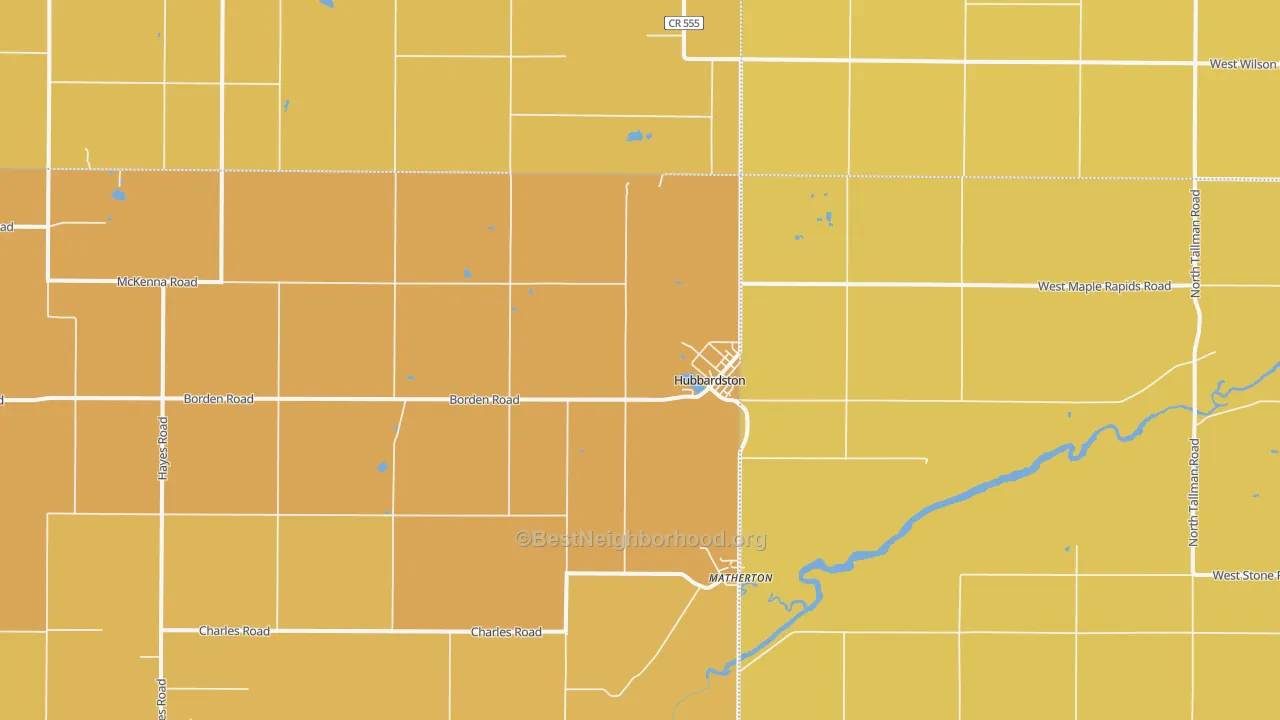 Map of the best neighborhoods in the 48845 area, with better matches in green and worse matches in red