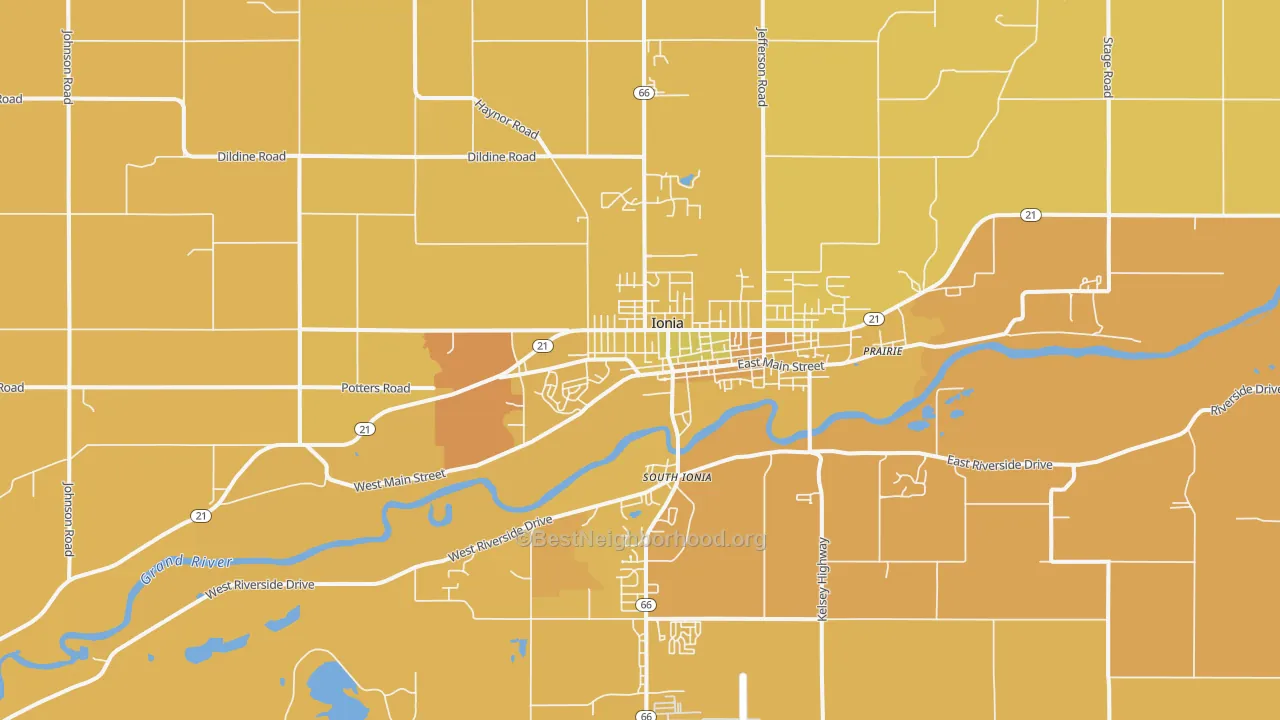 Map of the best neighborhoods in the 48846 area, with better matches in green and worse matches in red