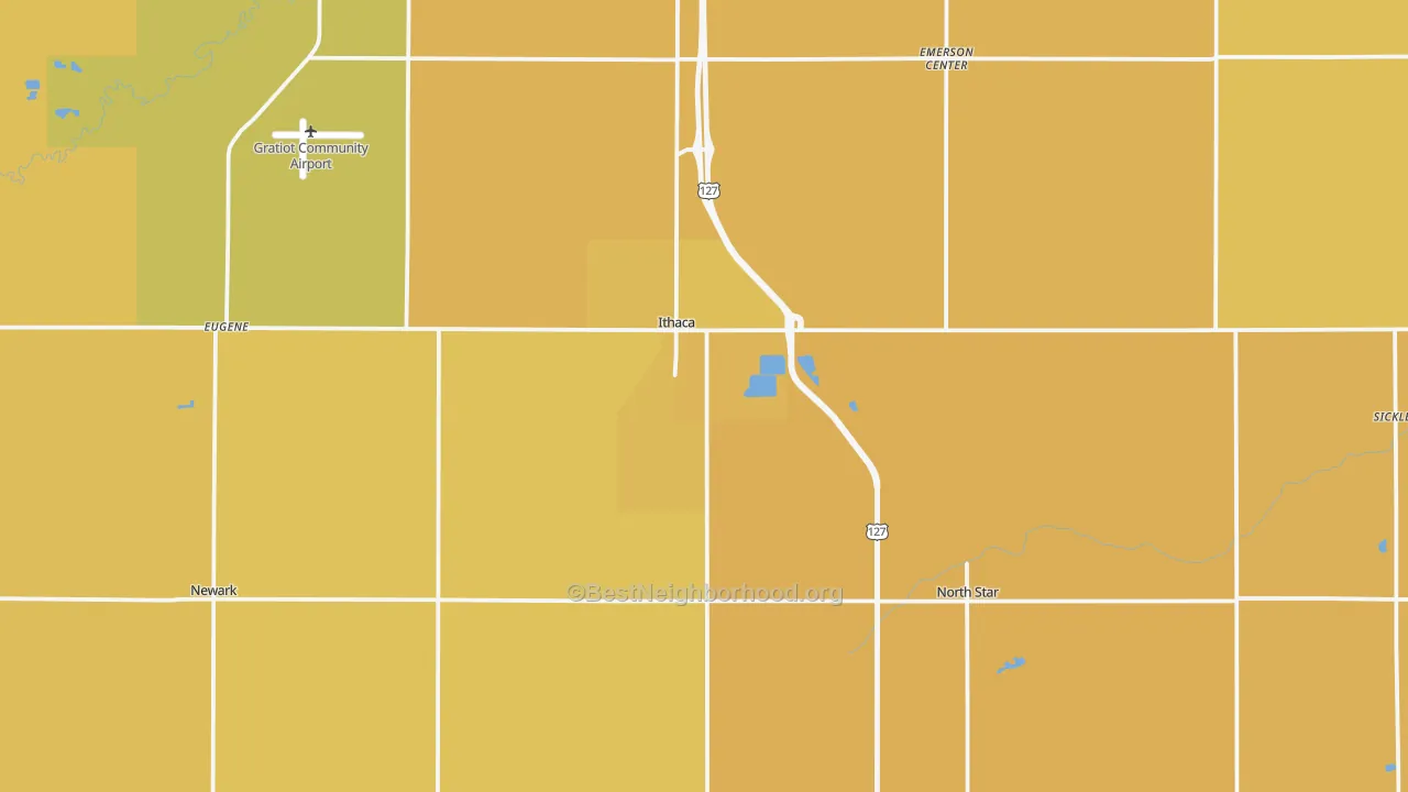 Map of the best neighborhoods in the 48847 area, with better matches in green and worse matches in red