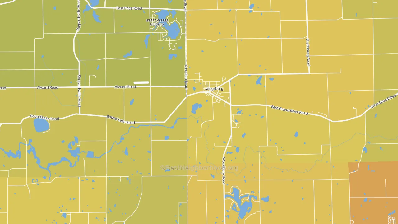 Map of the best neighborhoods in the 48848 area, with better matches in green and worse matches in red