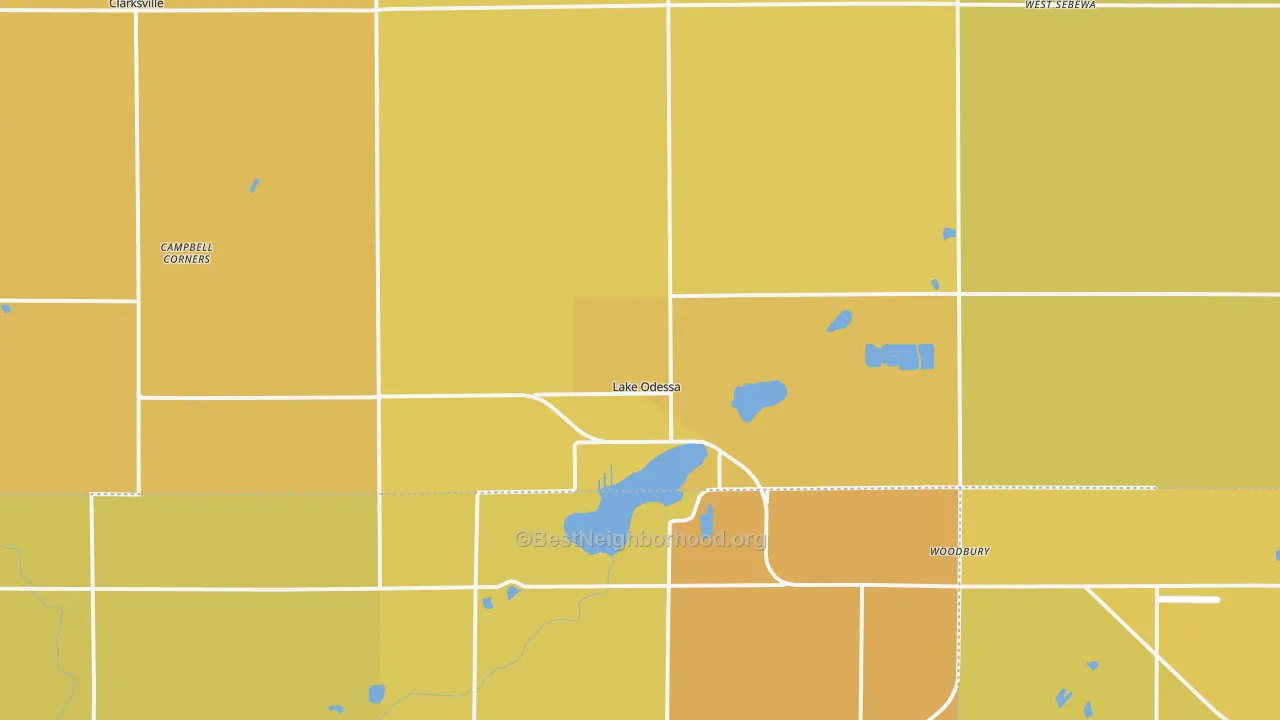 Map of the best neighborhoods in the 48849 area, with better matches in green and worse matches in red