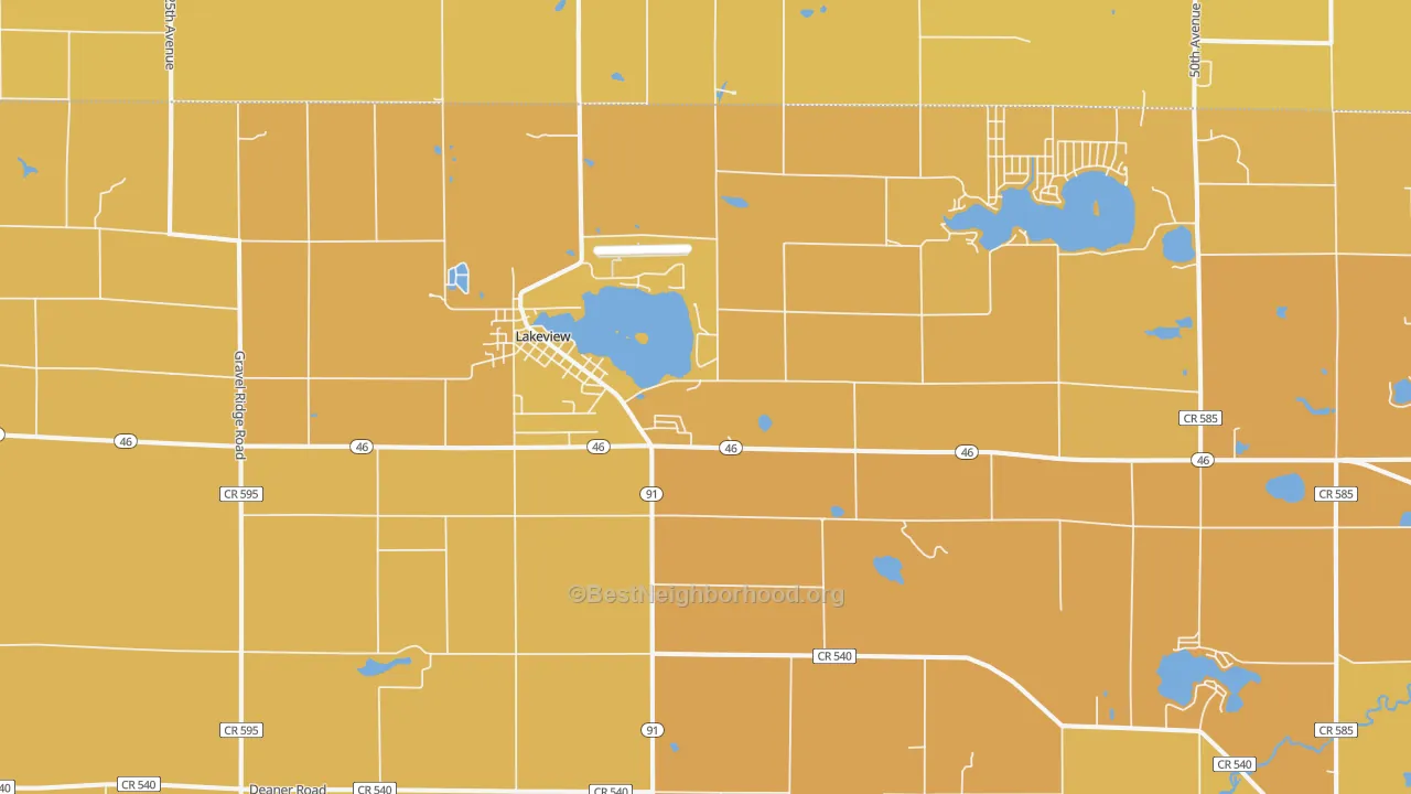 Map of the best neighborhoods in the 48850 area, with better matches in green and worse matches in red