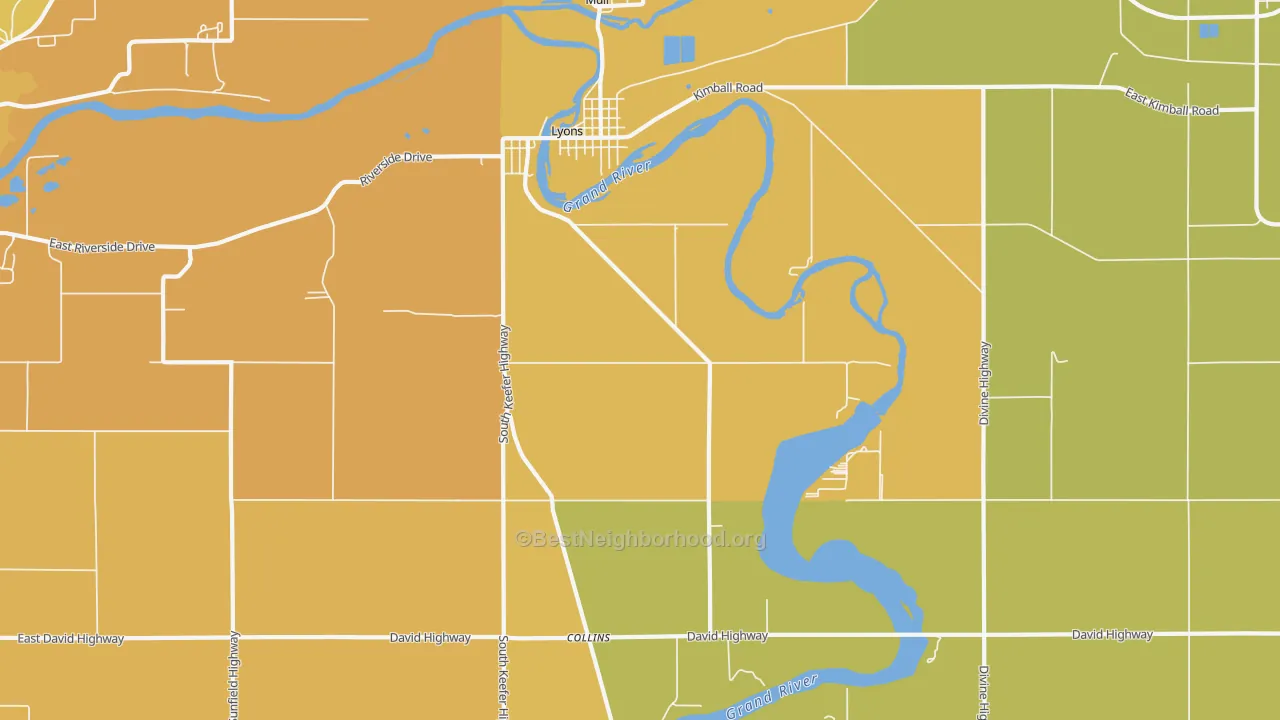 Map of the best neighborhoods in the 48851 area, with better matches in green and worse matches in red