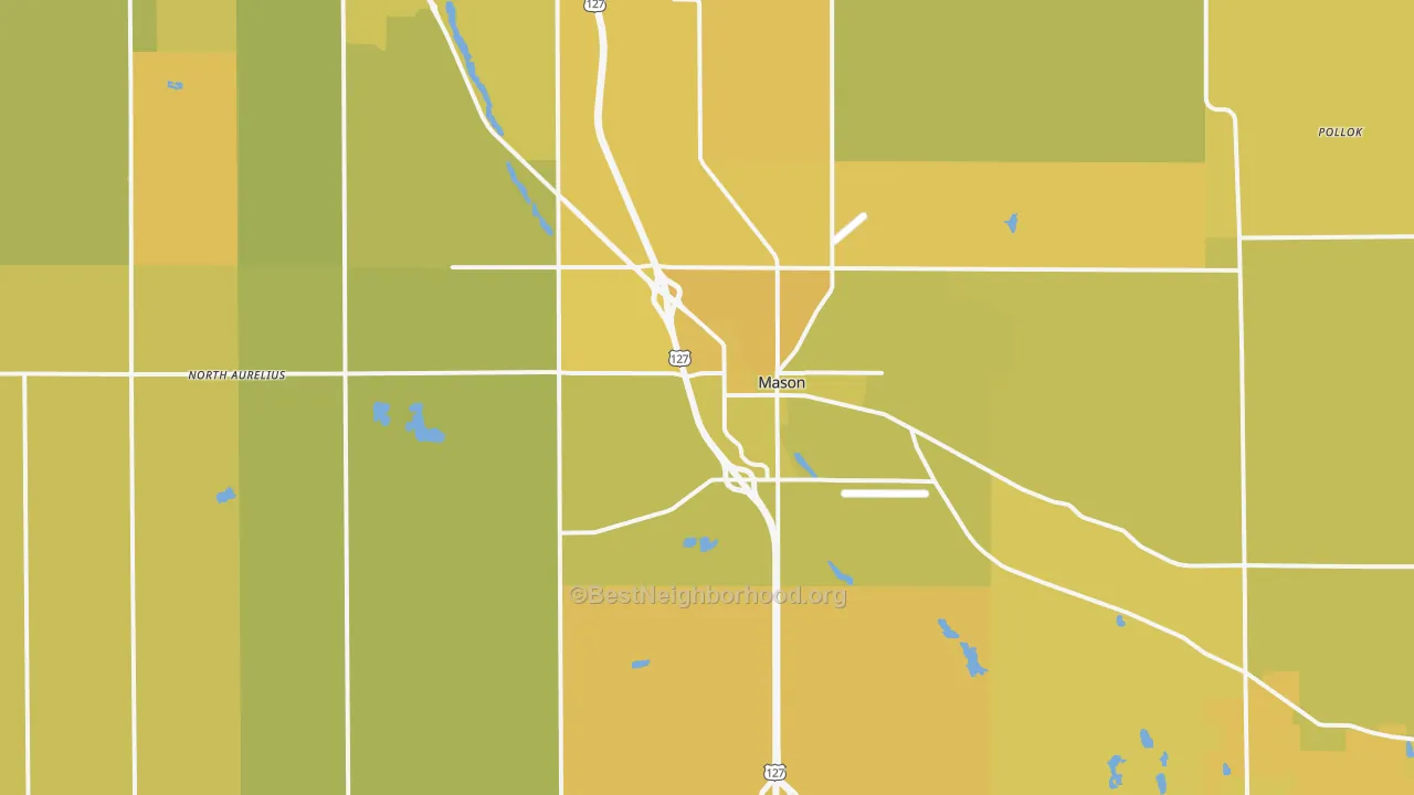 Map of the best neighborhoods in the 48854 area, with better matches in green and worse matches in red