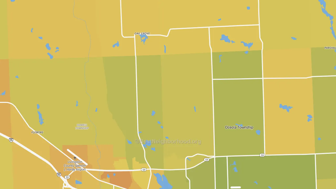 Map of the best neighborhoods in the 48855 area, with better matches in green and worse matches in red