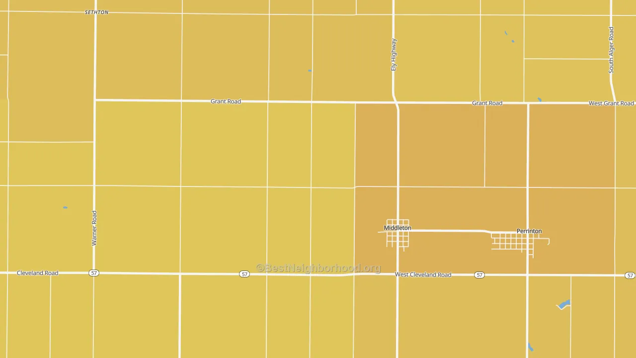 Map of the best neighborhoods in the 48856 area, with better matches in green and worse matches in red