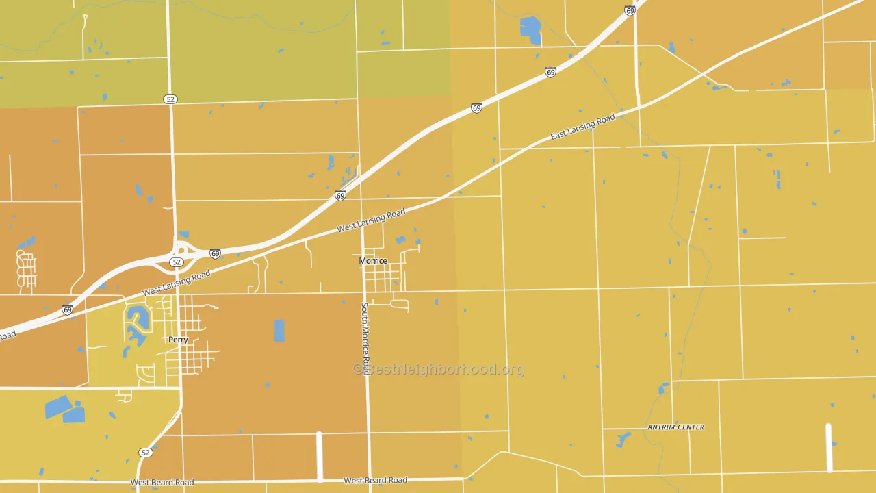 Map of the best neighborhoods in the 48857 area, with better matches in green and worse matches in red
