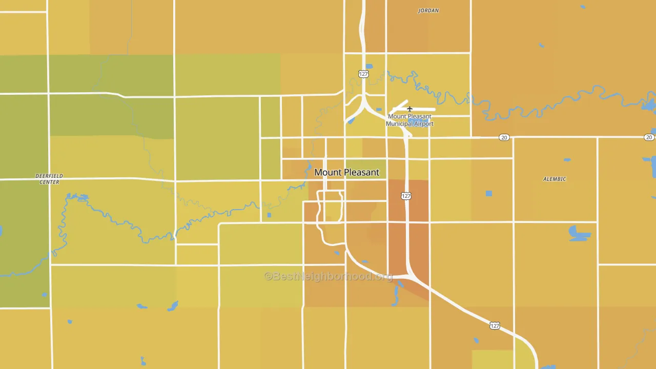 Map of the best neighborhoods in the 48858 area, with better matches in green and worse matches in red