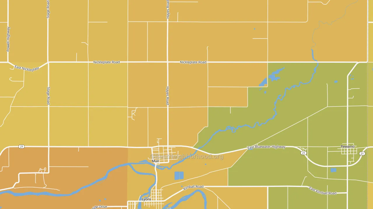 Map of the best neighborhoods in the 48860 area, with better matches in green and worse matches in red