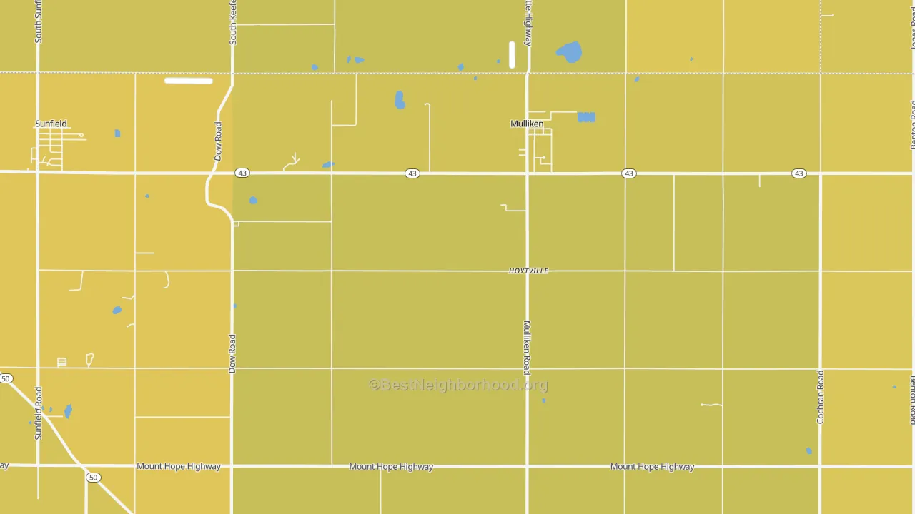 Map of the best neighborhoods in the 48861 area, with better matches in green and worse matches in red